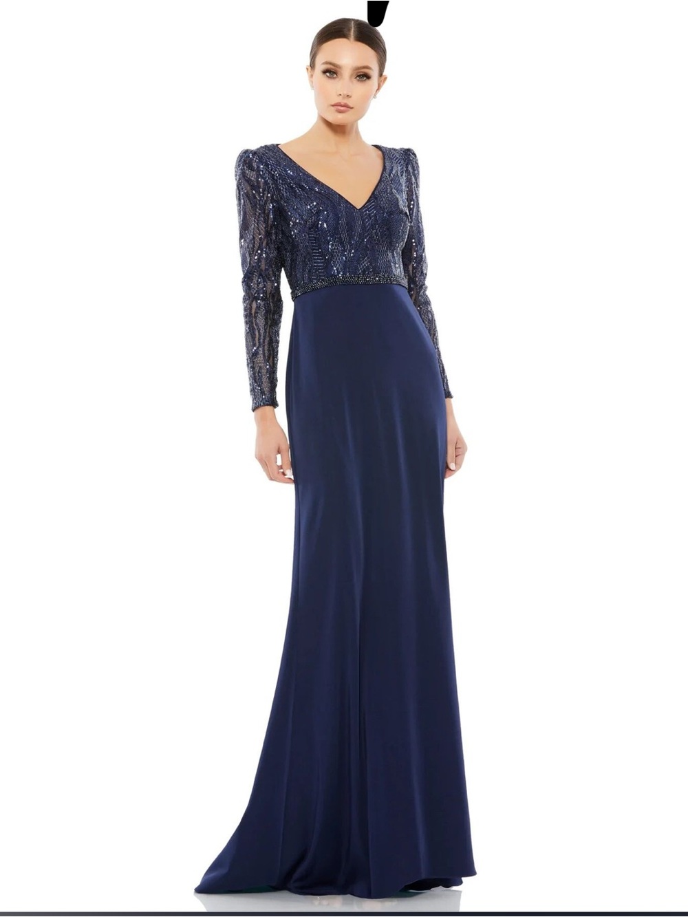 Mac Duggal Navy Beaded Bodice V-Neck Gown